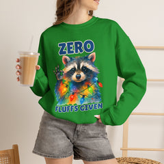 Crewneck Sweatshirt — "Zero Fluffs Given" Raccoon Holiday Gildan Crewneck