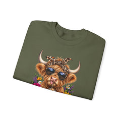 Highland Cow Floral Crewneck Sweatshirt – Sunflower Cow with Bandana & Sunglasses