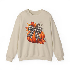 Fall Pumpkin Crewneck Sweatshirt – Buffalo Check Bow & Autumn Leaves