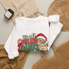 Christmas Sweatshirt — "It's all fun and games until Santa checks the naughty list" Cozy Holiday Gildan Crewneck
