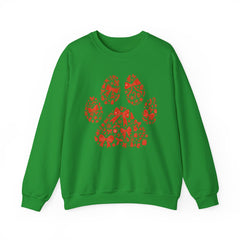 Christmas Bow Paw Print Gildan Sweatshirt — Red Heart Paw Design for Pet Lovers