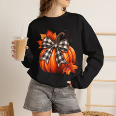 Fall Pumpkin Crewneck Sweatshirt – Buffalo Check Bow & Autumn Leaves