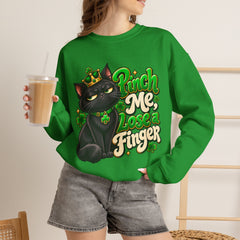 St. Patrick’s Black Cat Sweatshirt  "Pinch Me, Lose a Finger" Graphic Crewneck