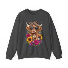 Highland Cow Floral Crewneck Sweatshirt – Sunflower Cow with Bandana & Sunglasses