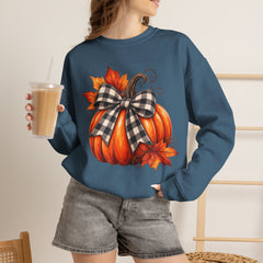 Fall Pumpkin Crewneck Sweatshirt – Buffalo Check Bow & Autumn Leaves