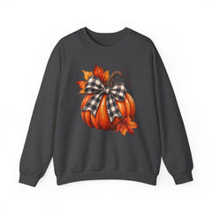 Fall Pumpkin Crewneck Sweatshirt – Buffalo Check Bow & Autumn Leaves