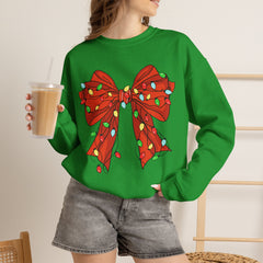 Festive Christmas Bow with Lights, Crewneck Sweatshirt, Holiday Sweatshirt, Winter Fashion, Christmas Apparel