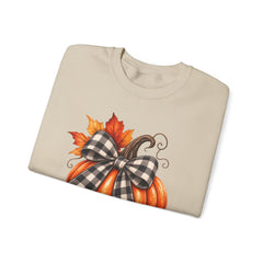 Fall Pumpkin Crewneck Sweatshirt – Buffalo Check Bow & Autumn Leaves