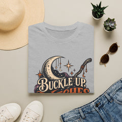 Buckle Up Witches T-Shirt — Retro Moon & Broom Halloween Tee- BP