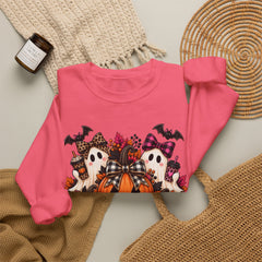 Halloween Pumpkin & Ghost Crewneck Sweatshirt — Cute Spooky Pink Leopard Fall Graphic