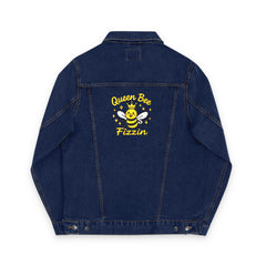 QueenBeeFizzin Embroidered Unisex Denim Jacket - Trendy Casual Wear for All, Perfect for Fashion Lovers, Black & Blue Denim