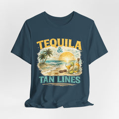 Tequila & Tan Lines Beach T-Shirt — Tropical Sunset Vacation Tee