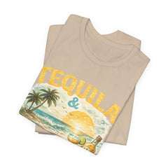 Tequila & Tan Lines Beach T-Shirt — Tropical Sunset Vacation Tee