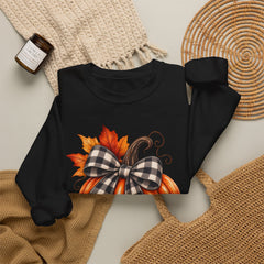 Fall Pumpkin Crewneck Sweatshirt – Buffalo Check Bow & Autumn Leaves