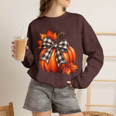 Fall Pumpkin Crewneck Sweatshirt – Buffalo Check Bow & Autumn Leaves