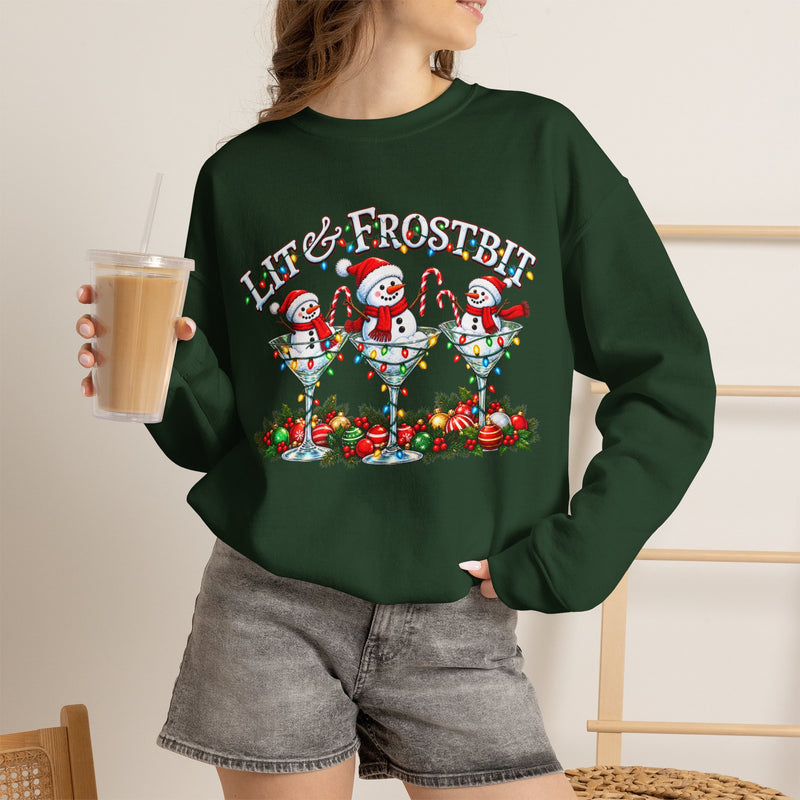 Lit & Frostbit Design | Festive Christmas Martinis, Winter Parties, Snowman Apparel, Christmas Party Sweatshirt