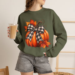 Fall Pumpkin Crewneck Sweatshirt – Buffalo Check Bow & Autumn Leaves