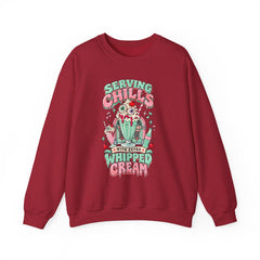 "Serving Chills with Extra Whipped Cream" Cozy Graphic Pullover Sweatshirt- Halloween