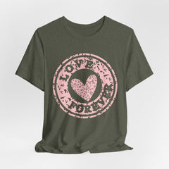 Heart Stamp Tee — Pink 'Love More' Graphic T-Shirt