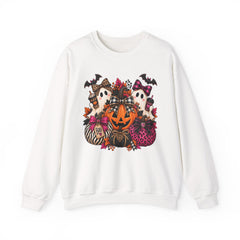 Halloween Pumpkin & Ghost Crewneck Sweatshirt — Cute Spooky Pink Leopard Fall Graphic