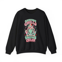 "Serving Chills with Extra Whipped Cream" Cozy Graphic Pullover Sweatshirt- Halloween