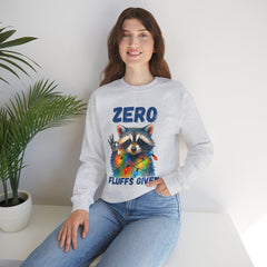 Crewneck Sweatshirt — "Zero Fluffs Given" Raccoon Holiday Gildan Crewneck