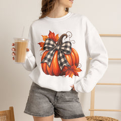 Fall Pumpkin Crewneck Sweatshirt – Buffalo Check Bow & Autumn Leaves