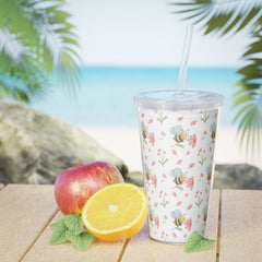 Bee-themed Plastic Tumbler with Straw, Eco-friendly Drinkware, Floral Cup, Summer Hydration, Cute Gift for Bee Lovers