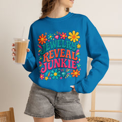 Jewelry Reveal Junkie Sweatshirt by Gildan, Cozy Unisex Crewneck, Gift for Jewelry Lovers