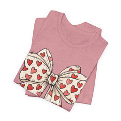 Heart Bow T-Shirt — Cute Valentine’s Day Tee with Red Heart Pattern
