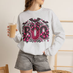 BOO Halloween Crewneck Sweatshirt — Pink Gothic Bat & Floral Design