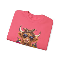 Highland Cow Floral Crewneck Sweatshirt – Sunflower Cow with Bandana & Sunglasses