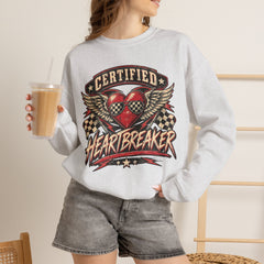 Certified Heartbreaker Crewneck Sweatshirt — Vintage Racing Winged Valentines Heart Graphic