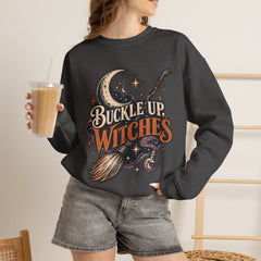 Buckle Up Witches Crewneck Sweatshirt — Retro Moon, Broom & Cauldron Halloween Pullover