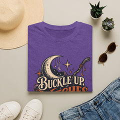 Buckle Up Witches T-Shirt — Retro Moon & Broom Halloween Tee- BP