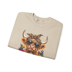 Highland Cow Floral Crewneck Sweatshirt – Sunflower Cow with Bandana & Sunglasses