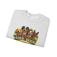 Love Dogs Crewneck Sweatshirt — Cute Paw Print & Dog Portraits Graphic