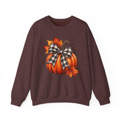 Fall Pumpkin Crewneck Sweatshirt – Buffalo Check Bow & Autumn Leaves