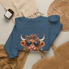 Highland Cow Floral Crewneck Sweatshirt – Sunflower Cow with Bandana & Sunglasses