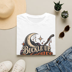 Buckle Up Witches T-Shirt — Retro Moon & Broom Halloween Tee- BP