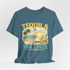 Tequila & Tan Lines Beach T-Shirt — Tropical Sunset Vacation Tee