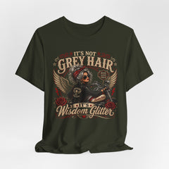 It's Not Grey Hair It's Wisdom Glitter T-Shirt — Vintage Skull & Rose Biker Tee for Women & Men