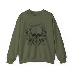 Skull & Floral Crewneck Sweatshirt — Gothic Skull with Flowers Graphic - Halloween