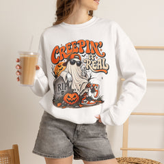 Halloween Ghost Sweatshirt — “Creepin’ It Real” Retro Pumpkin Graveyard Crewneck