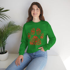 Christmas Bow Paw Print Gildan Sweatshirt — Red Heart Paw Design for Pet Lovers