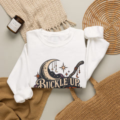 Buckle Up Witches Crewneck Sweatshirt — Retro Moon, Broom & Cauldron Halloween Pullover