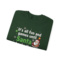Christmas Sweatshirt — "It's all fun and games until Santa checks the naughty list" Cozy Holiday Gildan Crewneck