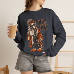 Dead Tired Halloween Crewneck Sweatshirt – Sleepy Skeleton Coffee Graphic Halloween