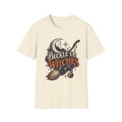 Buckle Up Witches T-Shirt — Retro Moon & Broom Halloween Tee- BP