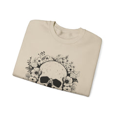 Skull & Floral Crewneck Sweatshirt — Gothic Skull with Flowers Graphic - Halloween